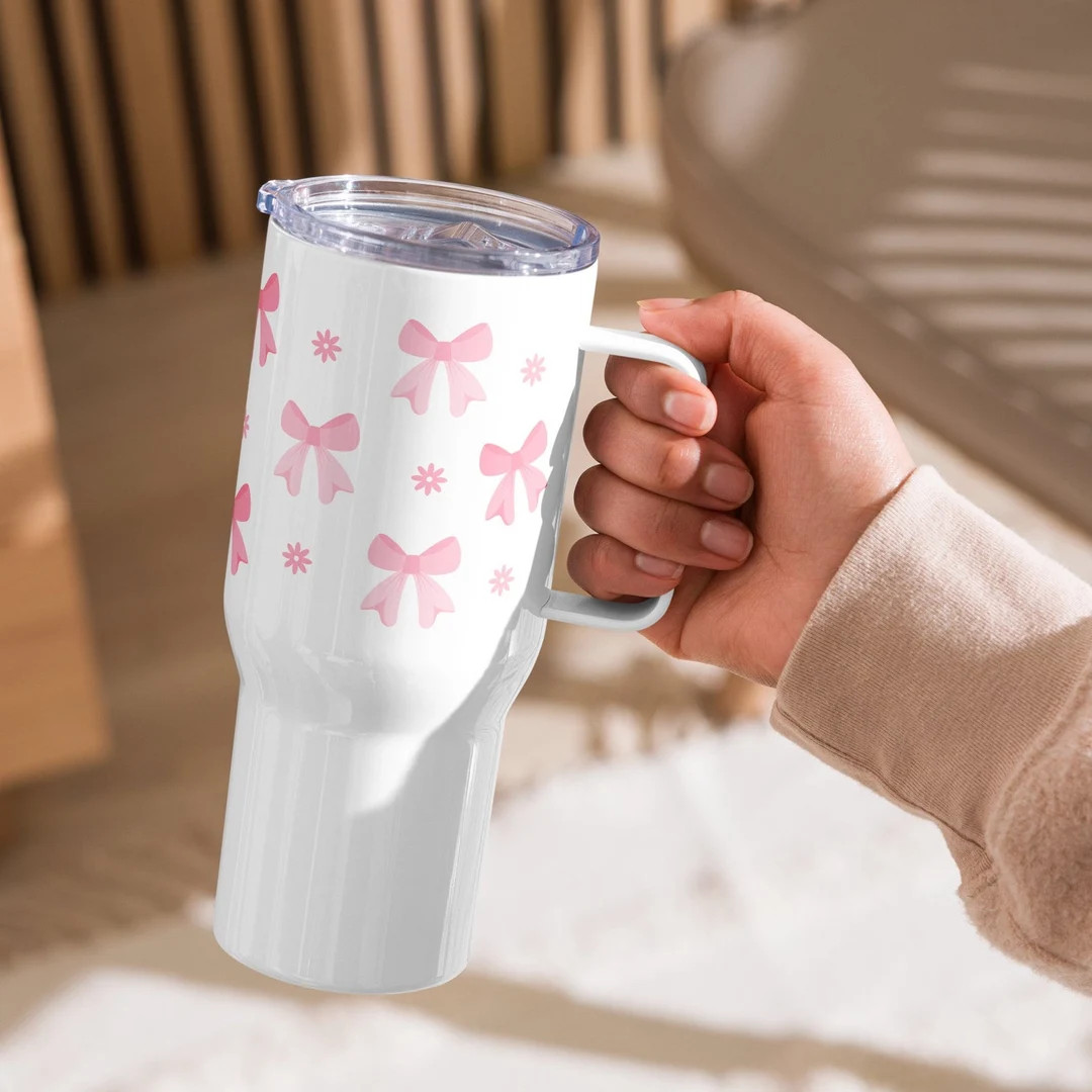 Coquette Pink Bows and Flowers Travel Mug, Pretty Floral Daisy Aesthetic 25oz Tumbler Handle Coas... | Etsy (US)