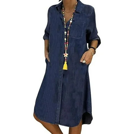 utcoco casual loose women s long sleeve denim shirt dress | Walmart (US)