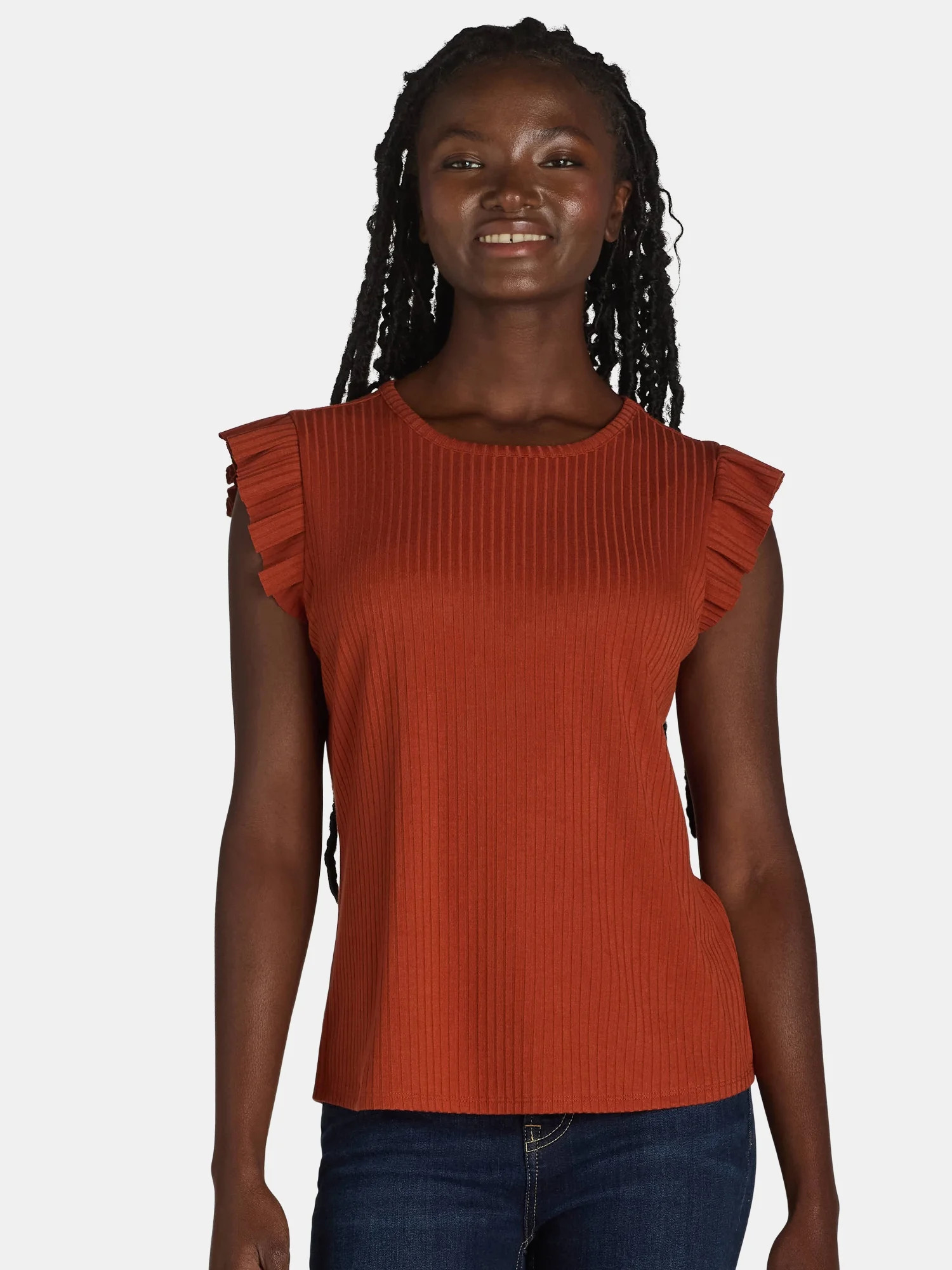Time and Tru Women's Rib Ruffle Sleeve Top | Walmart (US)