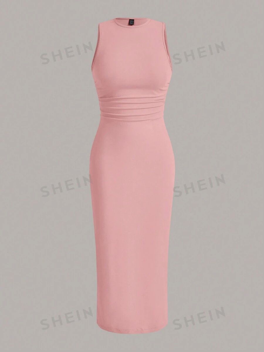 SHEIN EZwear Summer  Outfits Solid Ruched Waist Tank Dress | SHEIN