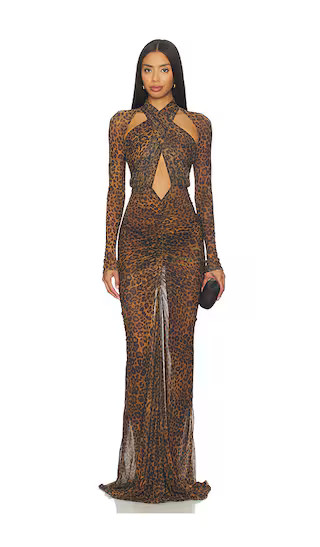 Printed Mesh Halter Ruched Gown in Leopard | Revolve Clothing (Global)