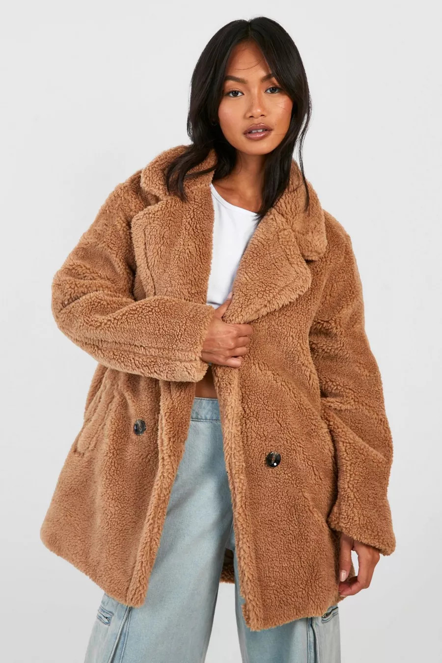 Double Breasted Faux Teddy Fur Coat | boohoo (US & Canada)