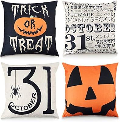 FUNARTY Set of 4 Halloween Throw Pillow Covers Trick or Treat Pumpkin Cotton Linen Home Decor Cus... | Amazon (US)