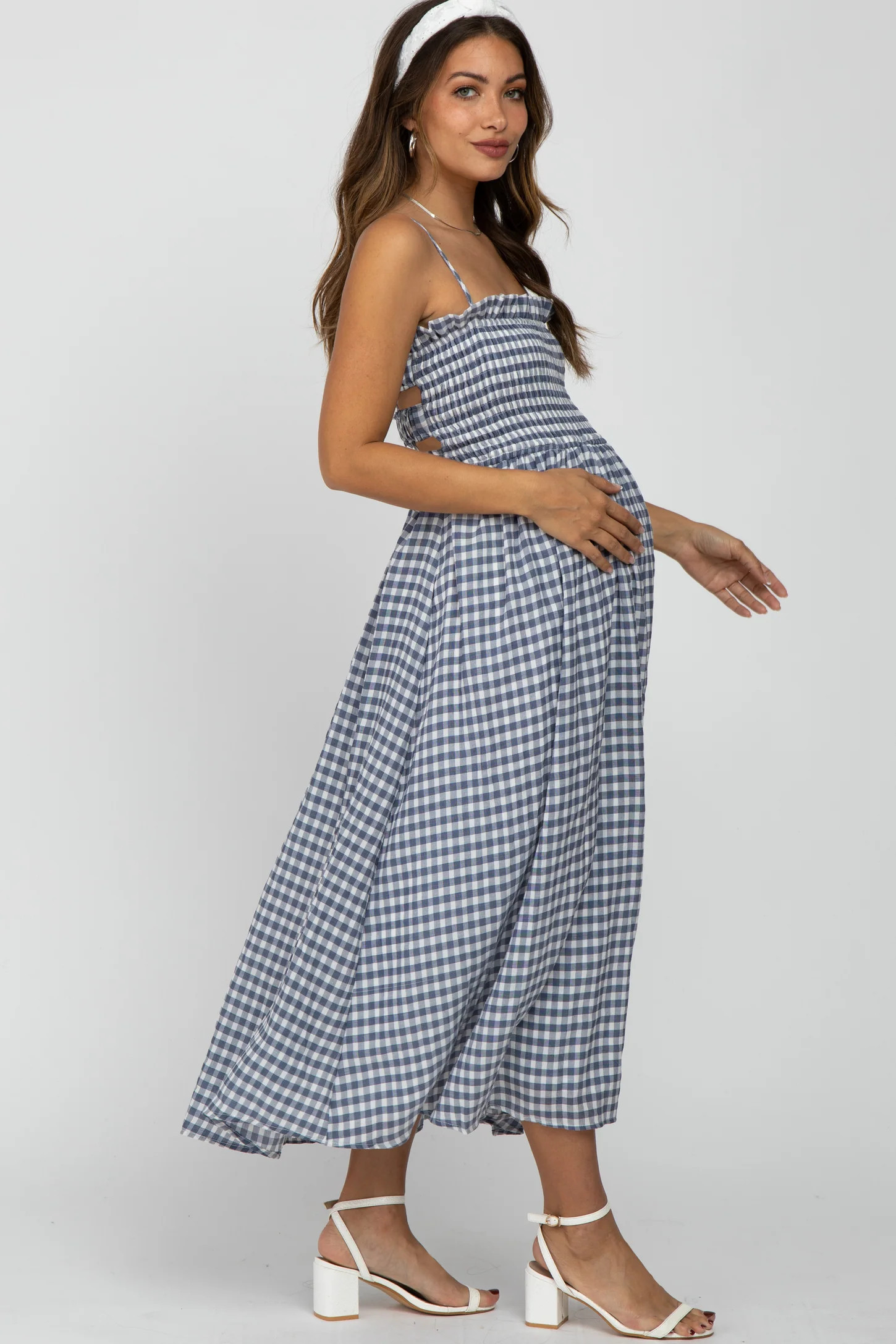 Navy Blue Checkered Square Neck Smocked Maternity Midi Dress | PinkBlush Maternity