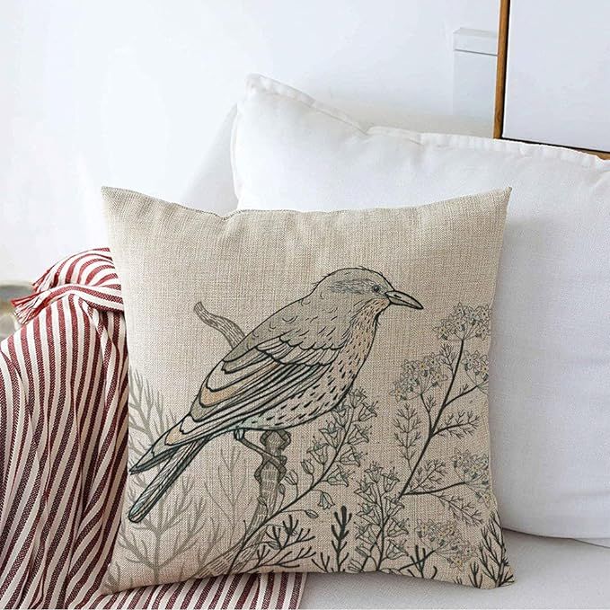 Decorative Square Throw Pillow Cover Farmhouse Linen Floral Bird Flower Blooming Grey Decoration ... | Amazon (US)