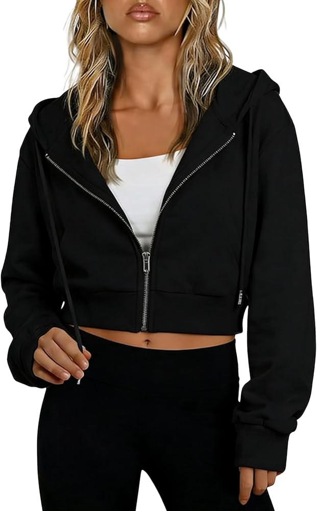 Hooever Womens Cute Workout Cropped Zip Up Drawstring Hoodie Sweatshirt Jacket | Amazon (US)