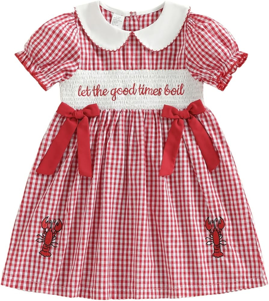 Toddler Little Baby Girl Crawfish Outfit Lobster Smocked Dress Embroidery Plaid Dresses Cute Summ... | Amazon (US)