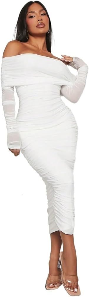 SALGOO Women's Off Shoulder Ruched Mesh Bodycon Long Dress Elegant White Dress | Amazon (US)