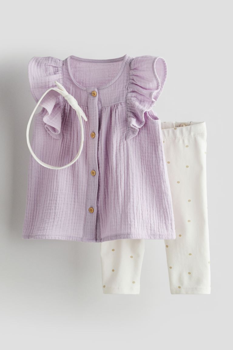 3-piece Cotton Set - Regular waist - Round Neck - Light purple/dotted - Kids | H&M US | H&M (US + CA)