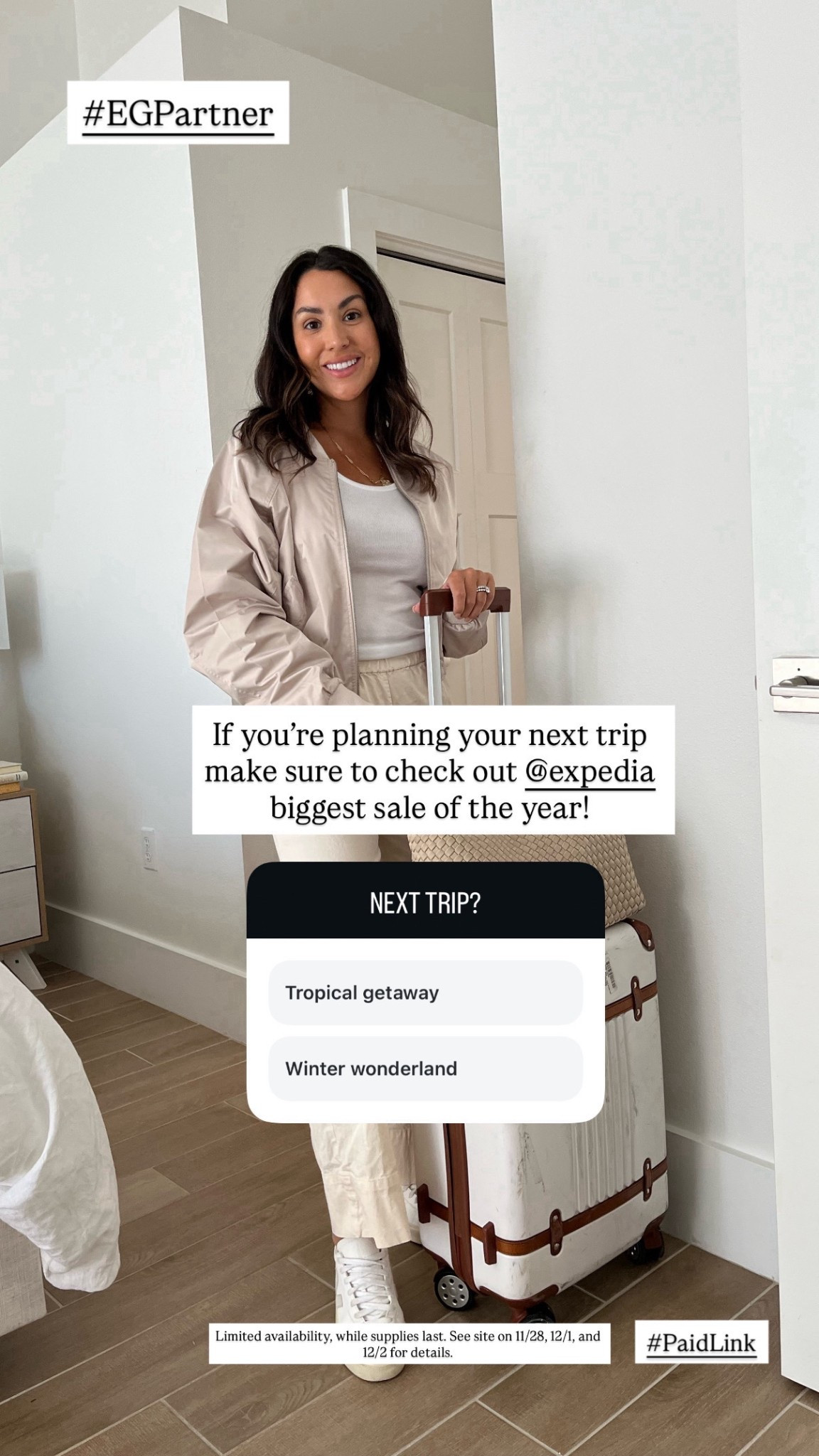 #EGPartner Who else has the travel bug for 2026?! This Black Friday is the time to get that trip on the
calendar thanks to @expedia. You can save up to 50% or more on select hotels when you book by De-
cember 2nd, and travel by December 30, 2026. Also don’t miss out on the flash deals of 75% off launch-
ing on November 28th, December 1st, and December 2nd — while supplies last. Happy traveling! Lim-
ited availability, while supplies last. See site on 11/28, 12/1, and 12/2 for details

#LTKCyberWeek #LTKHoliday #LTKTravel