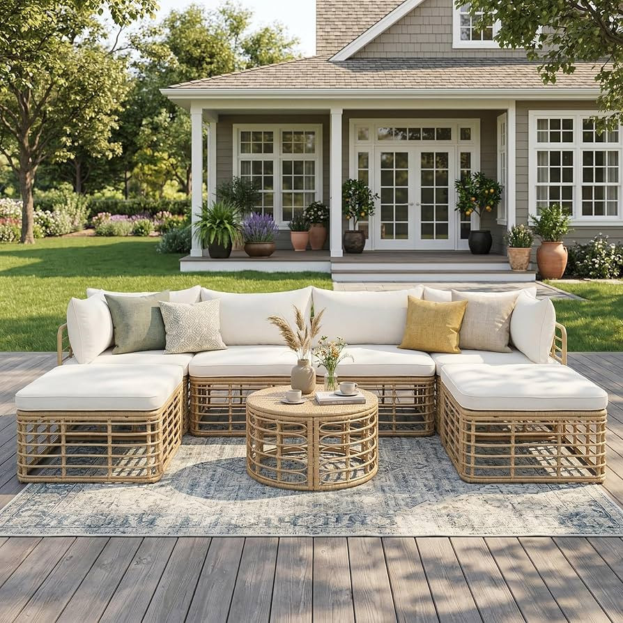 LUMISOL 7 Piece Patio Furniture Set, All-Weather Rattan Sectional Sofa Set with Thick Cushions an... | Amazon (US)