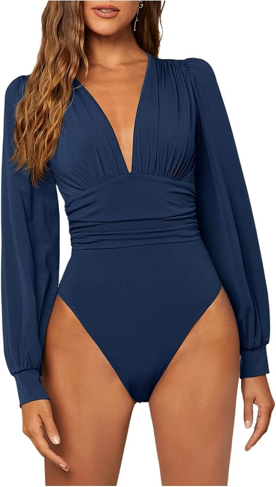 WDIRARA Women's Deep V Neck Ribbed Bodysuit Long Sleeve Skinny Bodycon Basic Bodysuit Tops | Amazon (US)