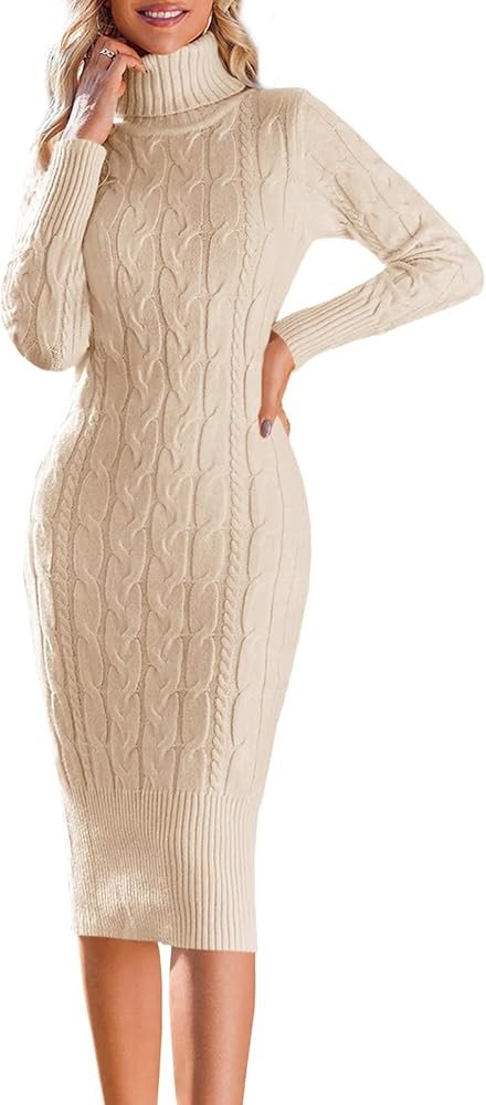 Fangetey Womens Long Sleeve Turtleneck Sweater Dresses Knitted Bodycon Midi Sheath Jumper Dresses | Amazon (US)