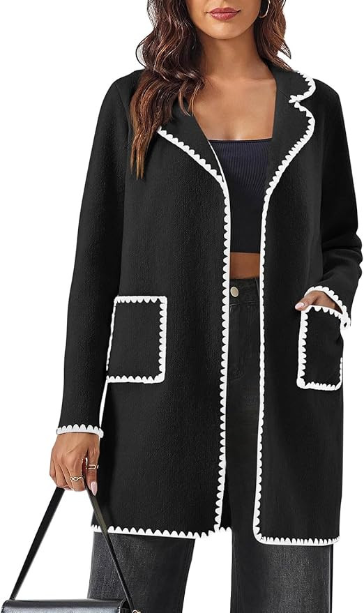 Saodimallsu Womens Open Front Coatigan Sweaters Long Sleeve Lapel Color Block Knit Cardigan with ... | Amazon (US)