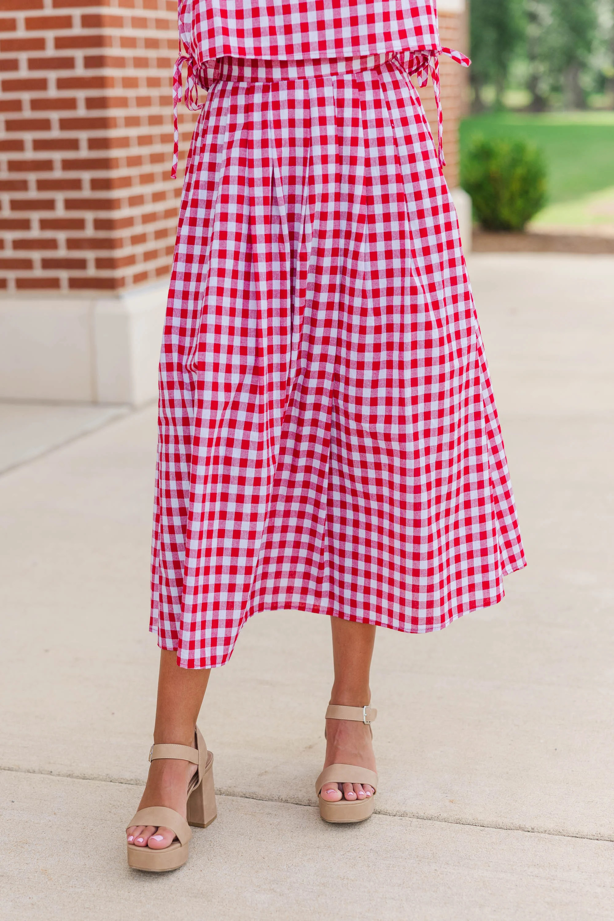 Here For The Memories Red Gingham Midi Skirt | The Mint Julep Boutique