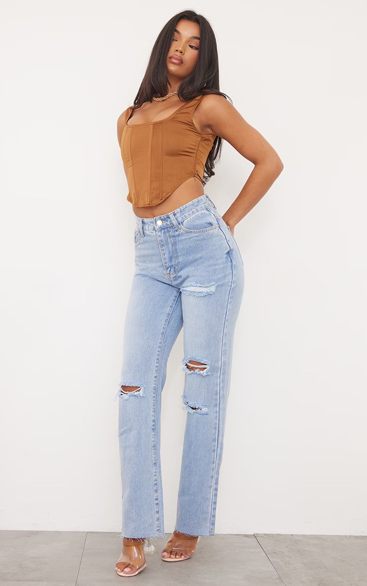 PRETTYLITTLETHING Light Blue Wash Ripped Long Leg Straight Jeans | PrettyLittleThing US