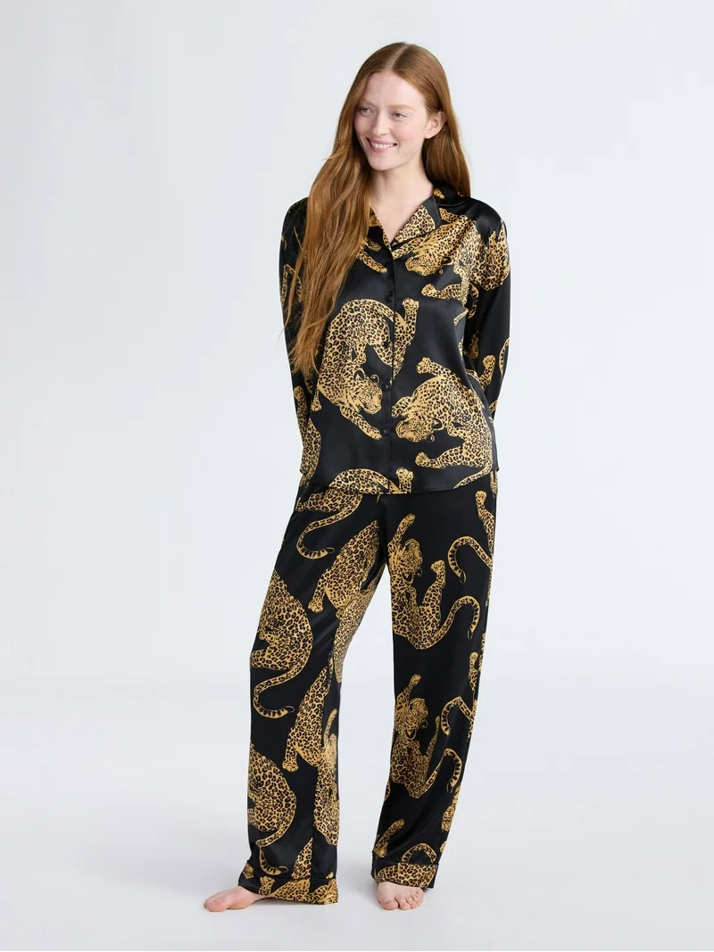 Joyspun Women’s Stretch Satin Notch Long Sleeve Top and Pants Pajama Set, 2-Piece, Sizes XS-3X | Walmart (US)