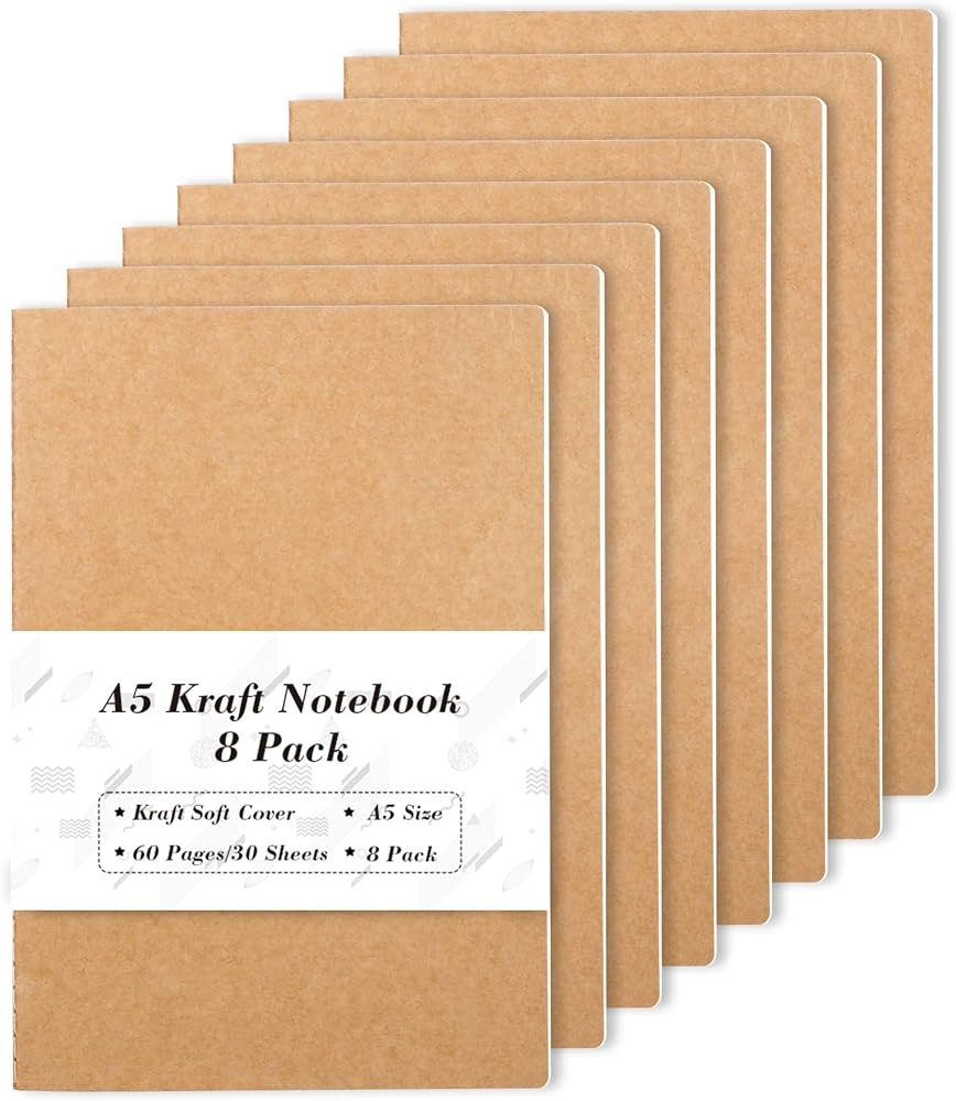 feela 8 Pack A5 Kraft Notebooks, 60 Lined Blank Pages Travel Journal Bulk, Soft Cover Notebooks f... | Amazon (US)