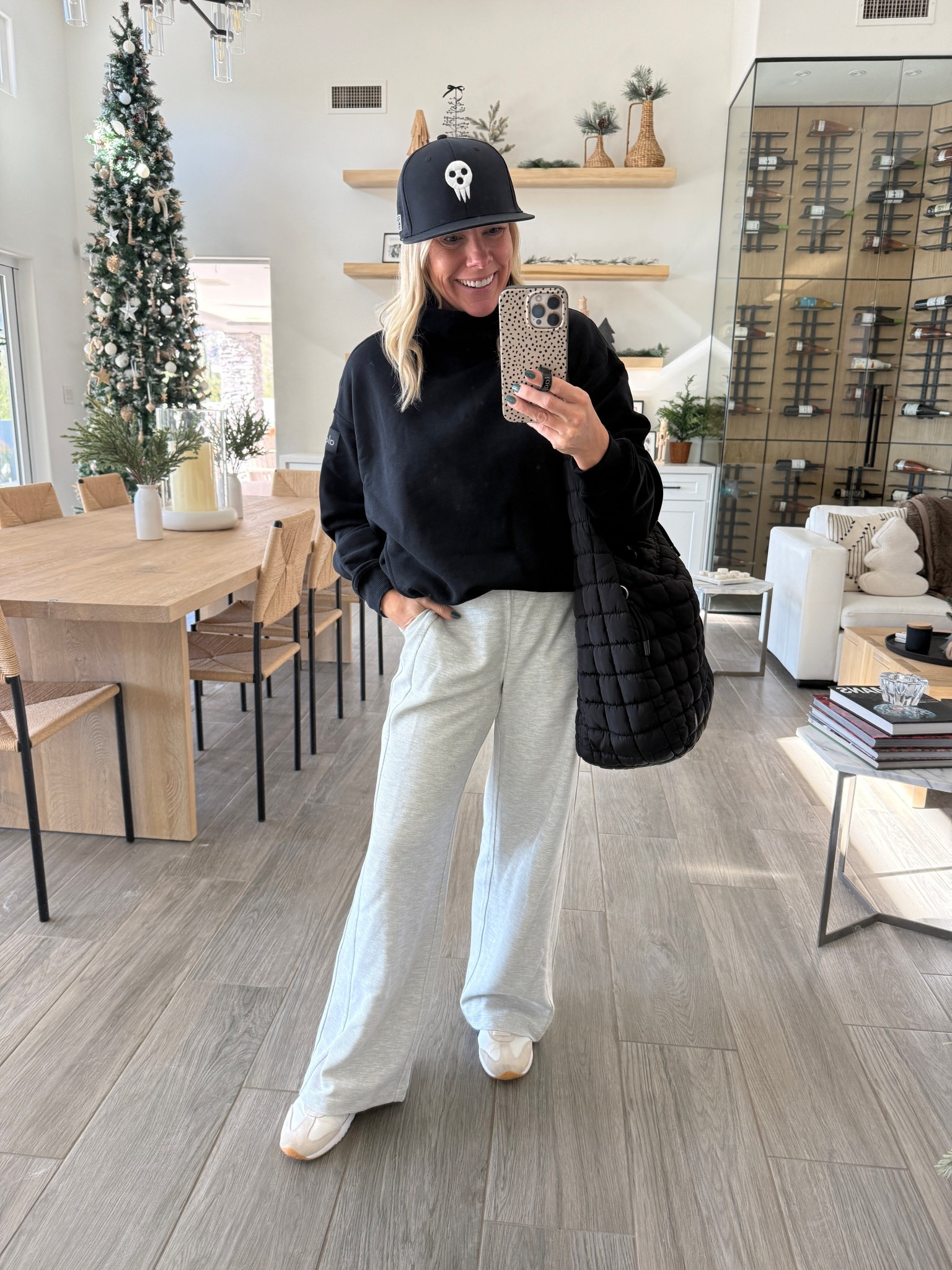 Size XS in this Alo funnel neck top and waffle knit wide leg pants. Sneakers tts sports mom outfit 

#LTKOver40 #LTKActive #LTKootd