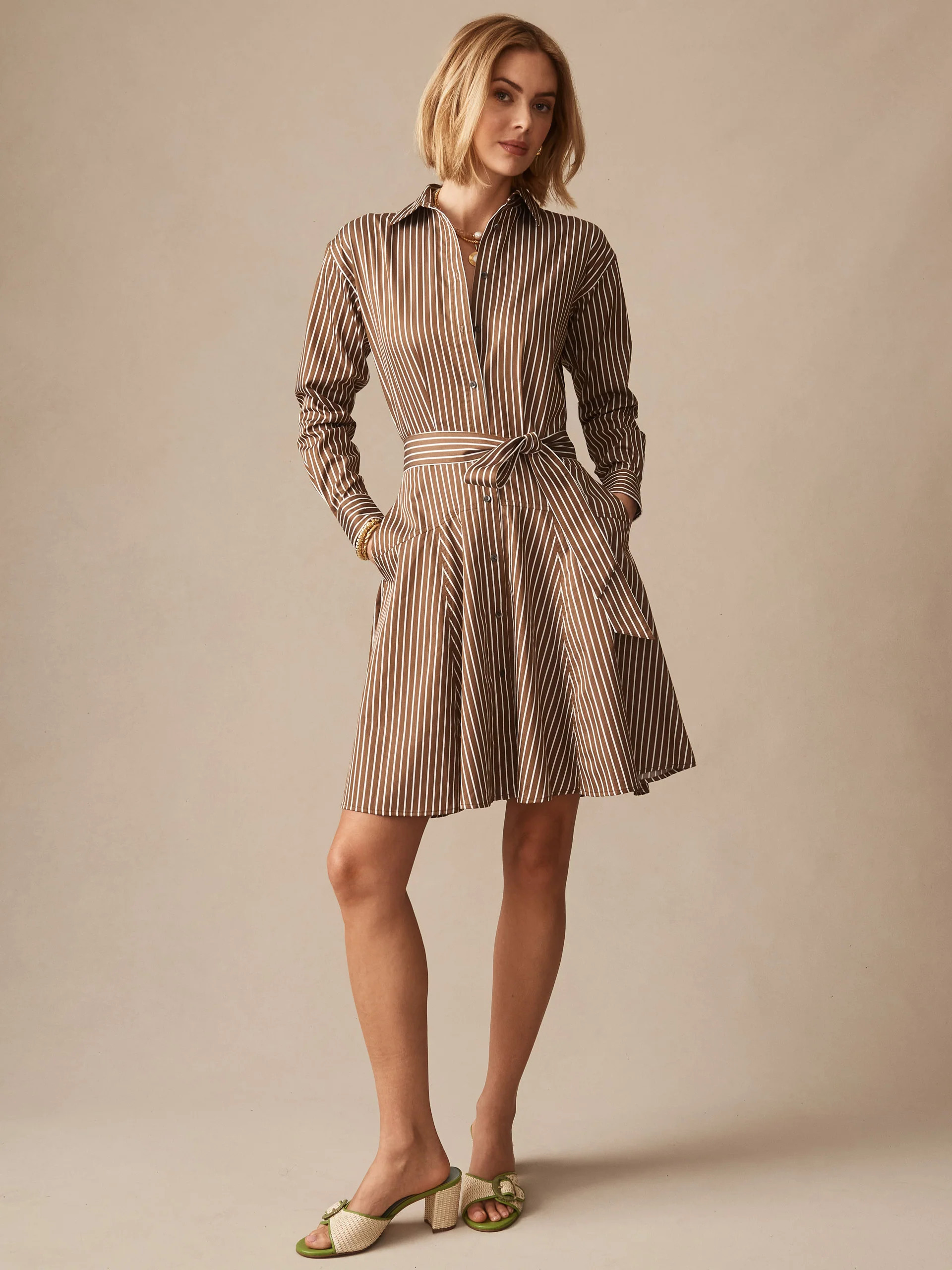 J.McLaughlin Women's Mary Dress in Stripe Brown/White, Size 2 | Cotton | J.McLaughlin