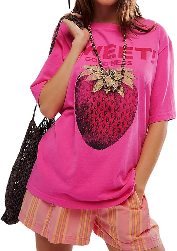 Women Oversized Strawberry Short Sleeve Tee Shirt | Amazon (US)