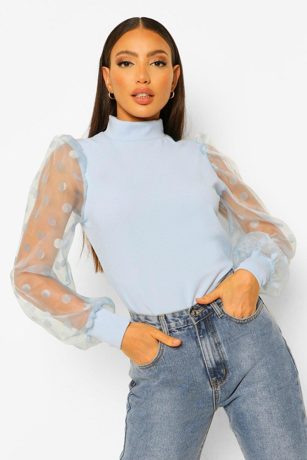 Womens Tall Polka Dot Organza Sleeve Top - Blue - 8 | Boohoo.com (US & CA)