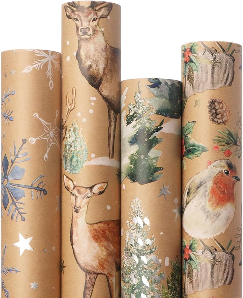 Ribbli 4 Rolls Christmas Wrapping Paper Vintage Kraft Wrapping Paper, 30 x 120 inch(10ft) Per Rol... | Amazon (US)