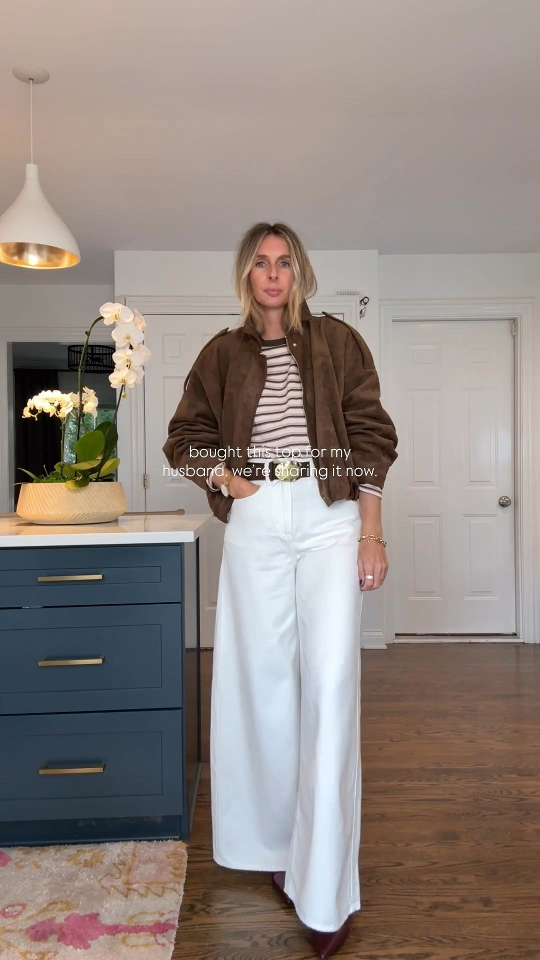 bought this top for my husband. had a sneaky feeling it could work for us too... and it does! “here’s a gift for you…oh hold on a minute. can i just try that on.” sharing is caring and all that! 😉 

STRIPED TOP
men’s sizing. wearing the medium. well, because i bought it for my husband. if you’re not sharing with anyone, size down to the small! this stripe is HUGE right now. love it!

SUEDE JACKET
oh this old thing. is just the viral zara jacket! this color is out of stock, but click the link and ask to be notified when restocked. or snag the amazon one. it IS available on zara in the khaki color tho! 👌 

WIDE LEG WHITE JEANS
perfection. that’s all! wearing size 4. 

BELT
western vibes. didn’t you see gigi and kendall rocking a similar belt recently?! 

SLING BACK KITTEN HEELS
comfy and cool. for work and play. color is divine. enough said! 👌 


stripes. fall fashion. fall outfit. zara jacket. 

#LTKFindsUnder50 #LTKOver40 #LTKStyleTip