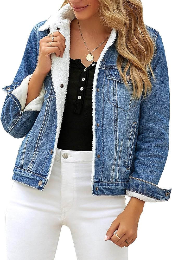 Utyful Women's Winter Fleece Lined Jean Jacket Long Sleeves Sherpa Denim Trucker Jackets | Amazon (US)