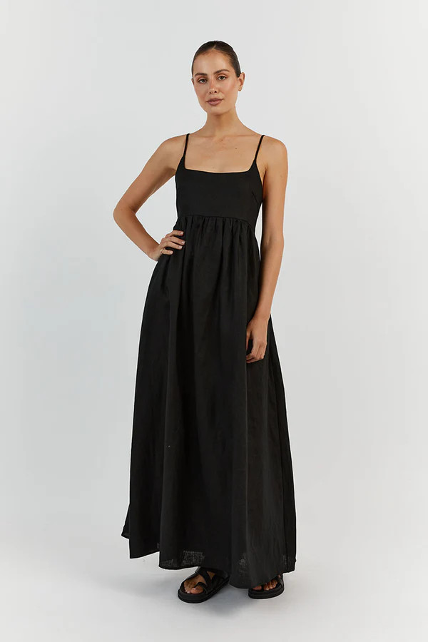 SUNNY BLACK LINEN MIDI DRESS | DISSH