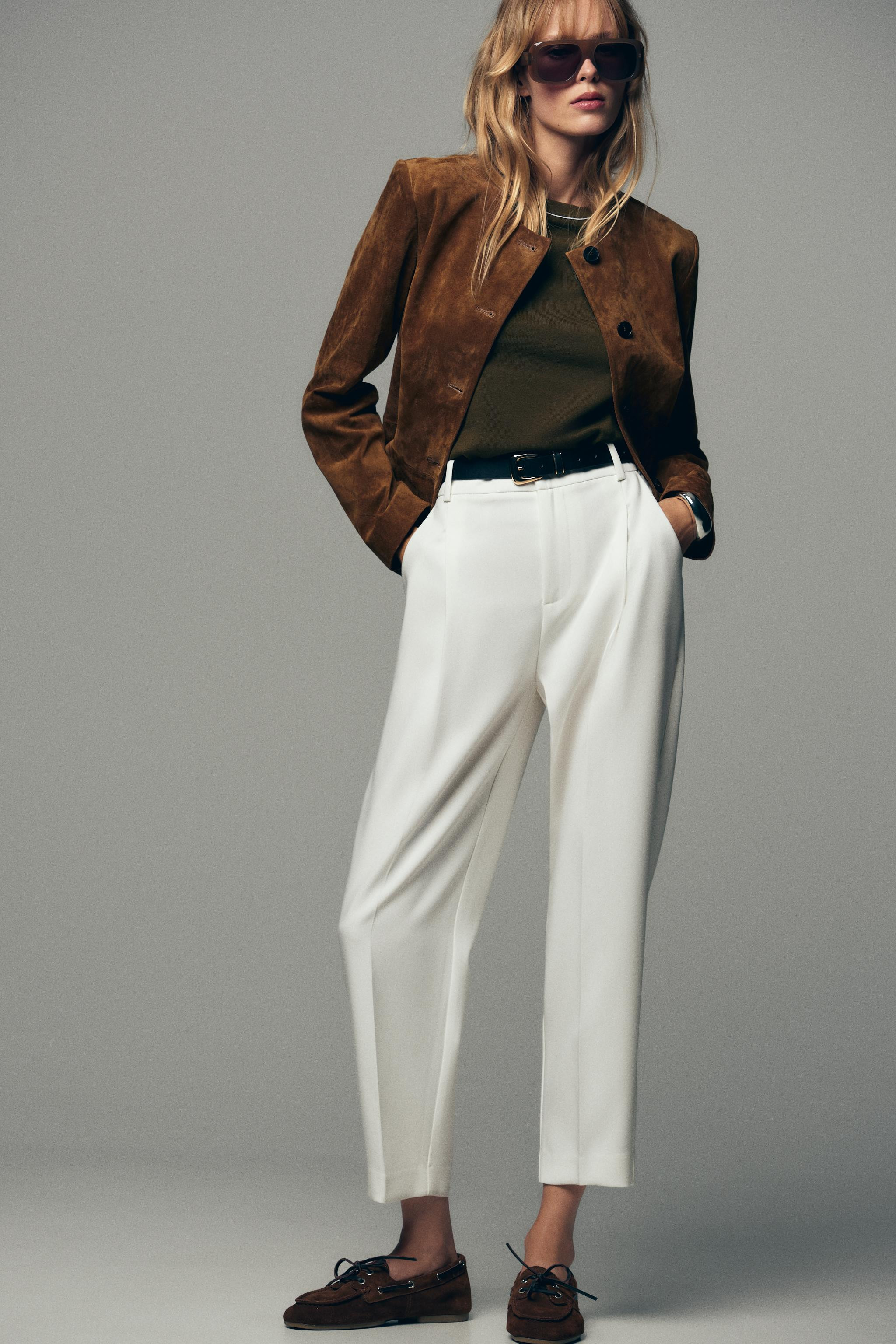 BELTED PLEATED PANTS$ 49.90 Oyster-white Light camel Black Duck green Light grayOyster-white | 99... | Zara US