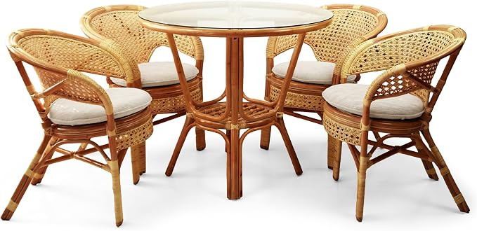 5 Pcs Pelangi Rattan Wicker Dining Set Round Table Glass Top and 4 Arm Chairs with Cream Cushion,... | Amazon (US)