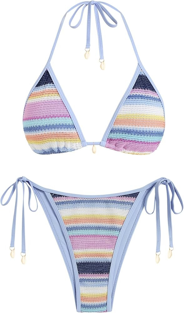 ZAFUL Women's Colorblock Stripes Triangle Halter Tied Cheeky Thong Bikini Set High Cut Two Piece ... | Amazon (US)