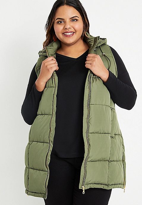 Plus Size Green Long Hooded Puffer Vest | Maurices