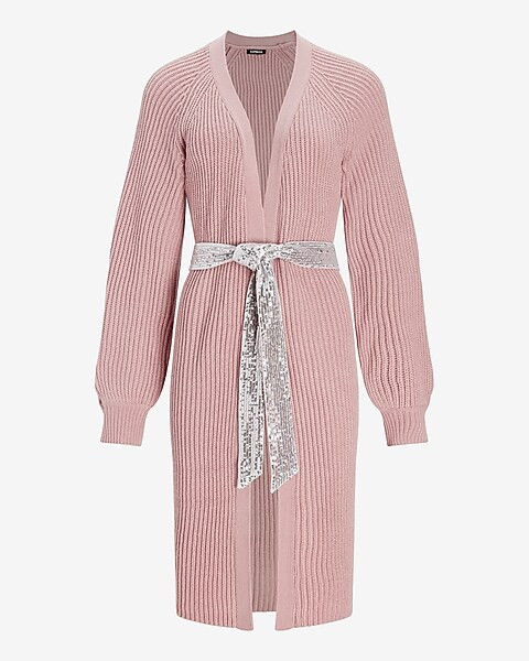 Ribbed Sequin Belted Duster Cardigan | Express