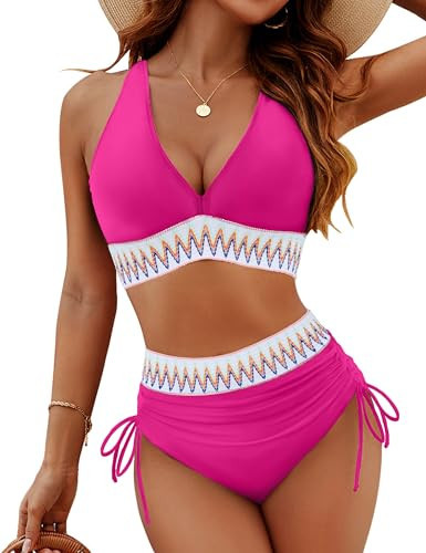 Blooming Jelly Women High Waisted Bikini Sets Tummy Control Swimsuits Color Block Bathing Suit (XXL, Hot Pink- New) | Amazon (US)