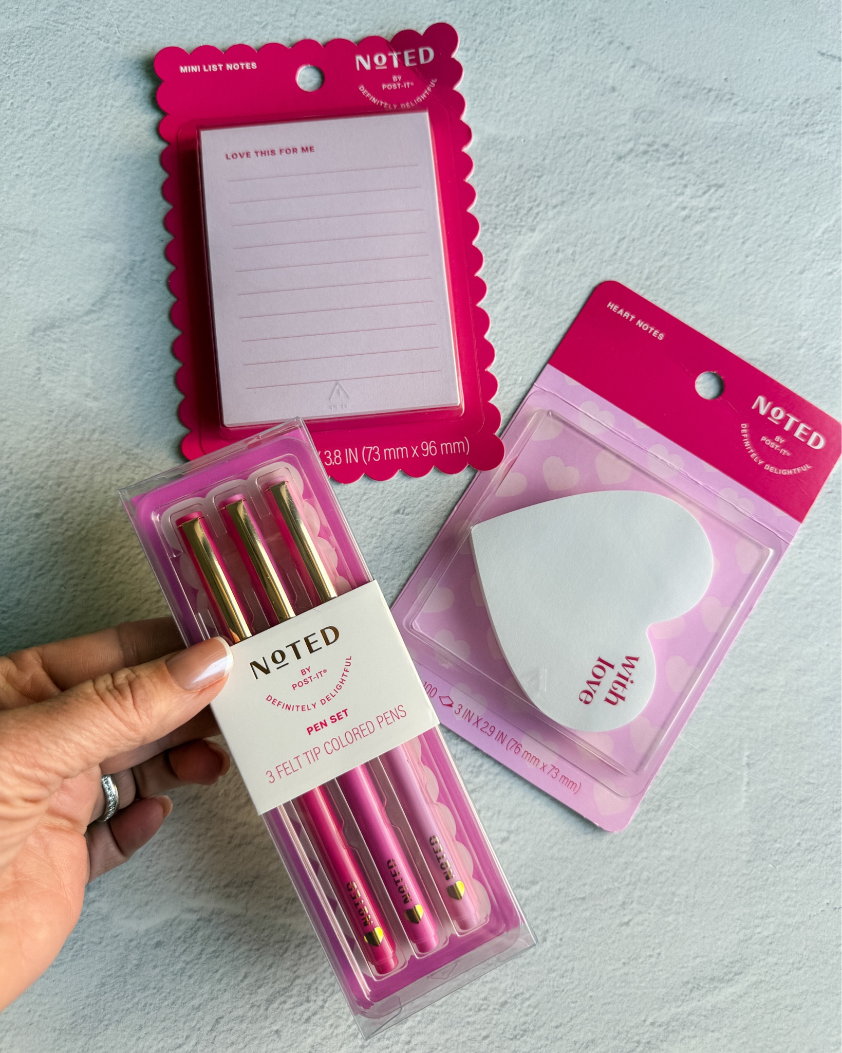 Noted Valentines Notepads, 3x3 Post It's and Pens in shades of pink #teachergifts #valentineteacher #smallgifts #giftbasketfiller 

 

#LTKSeasonal #LTKHome #LTKFindsUnder50