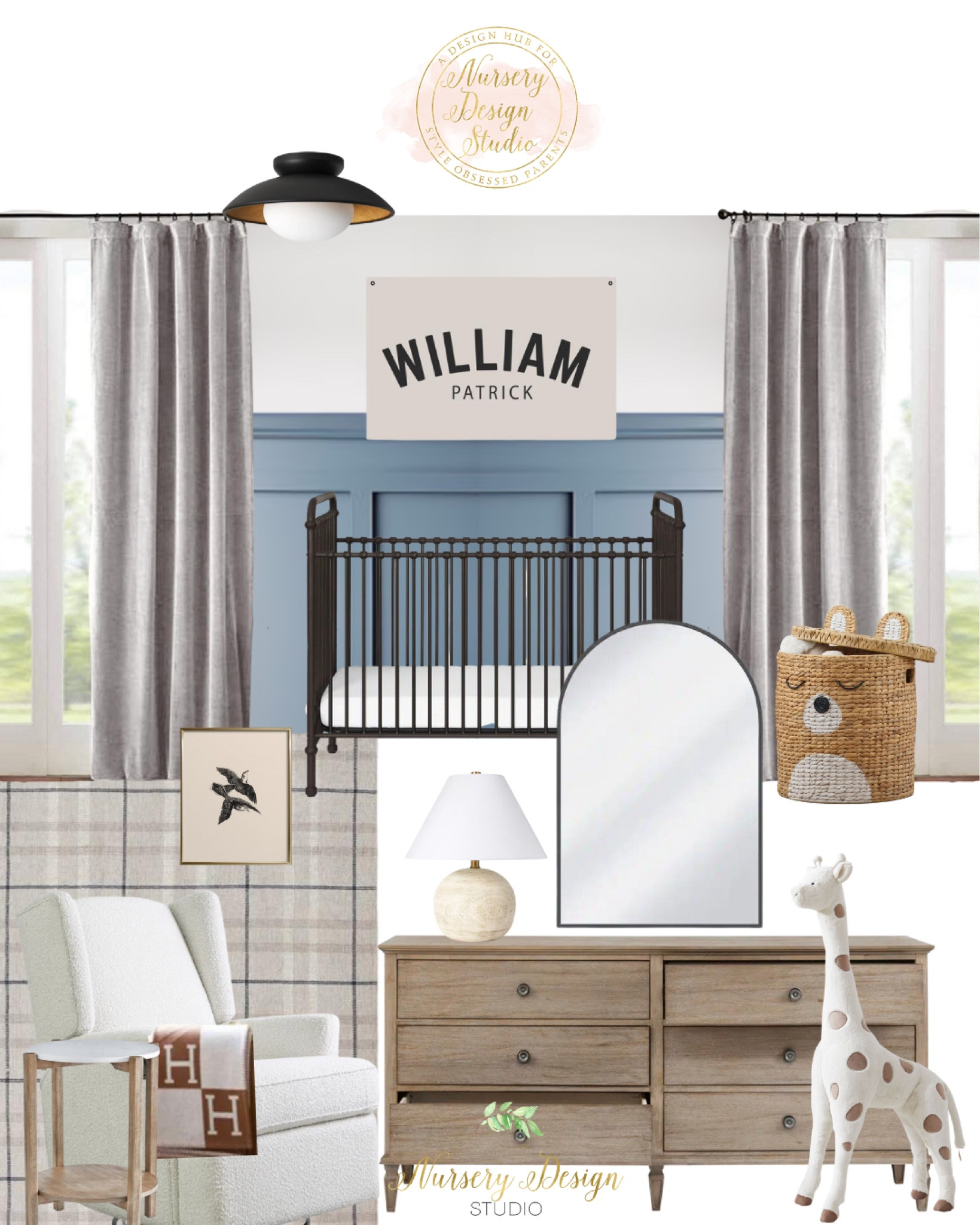 Light blue nursery, black crib, metal crib, gray curtains, dresser changing table 

#LTKbump #LTKkids #LTKbaby