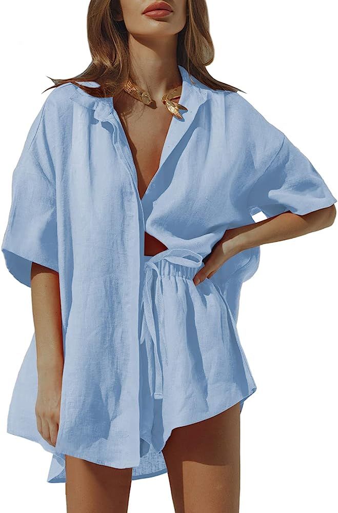 Falvurt Women's 2 Piece Outfits Casual Botton Down Shirt and Shorts Lounge Set Sweatsuit | Amazon (US)