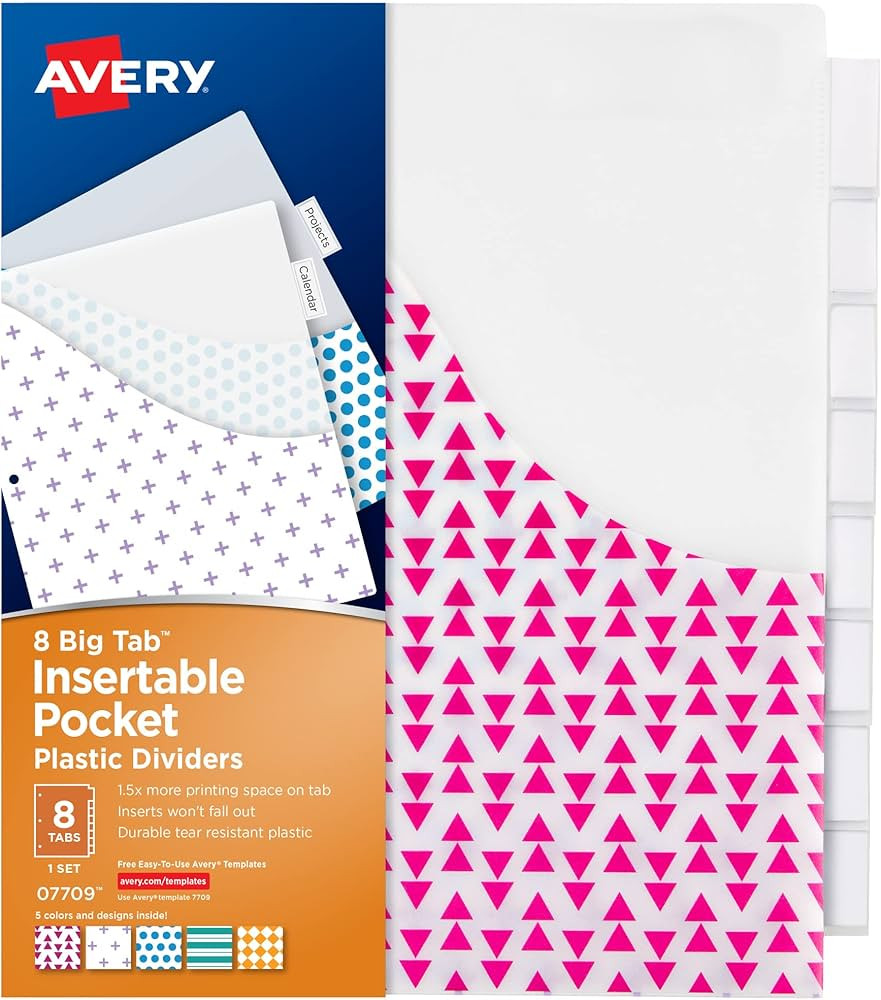 Avery Dividers for 3 Ring Binders, 8-Tab Binder Dividers, Plastic Binder Dividers with Pockets, I... | Amazon (US)