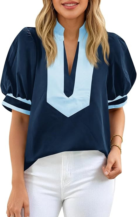 Cicy Bell Womens Color Block Puff Sleeve Blouses Summer Casual Dressy V Neck Tops Loose Fit Tee S... | Amazon (US)