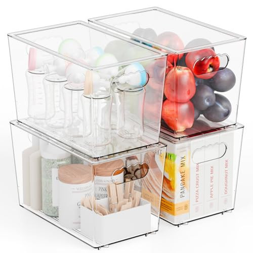 Yieach 4 Pack Stackable Clear Storage Bins with Lids,Large Pantry Bins Organization and Refrigerator Organizer with Handle,BPA FREE Kitchen Storage Containers and Cabinet bins for Organizing Snack,Toy | Amazon (US)