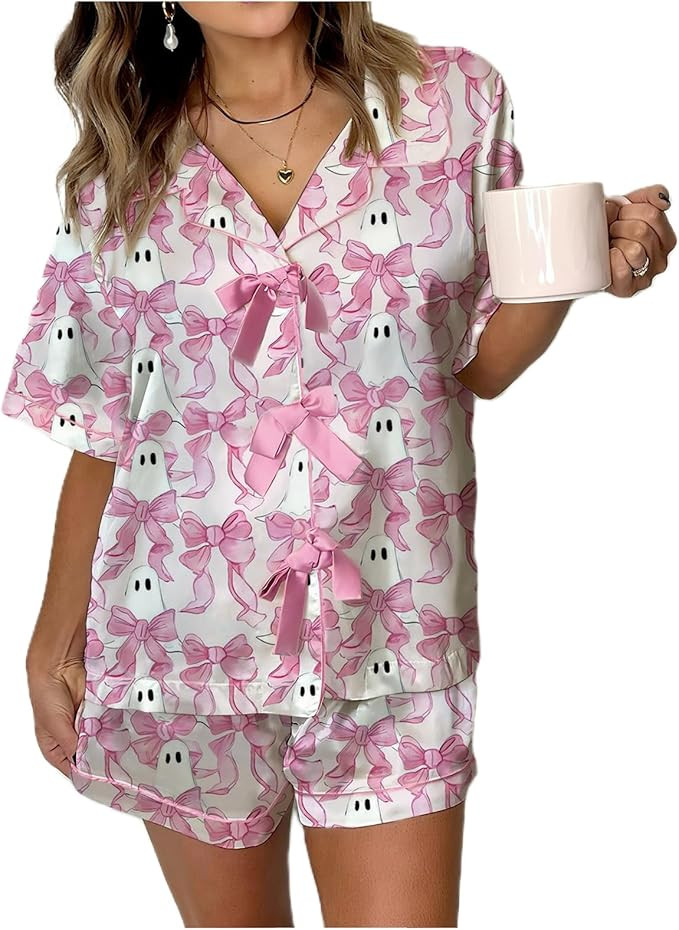 cochineal Halloween Pajamas for Women Teen Girls Silk Stain Shirt and Shorts Pjs Set 2 Piece Spoo... | Amazon (US)