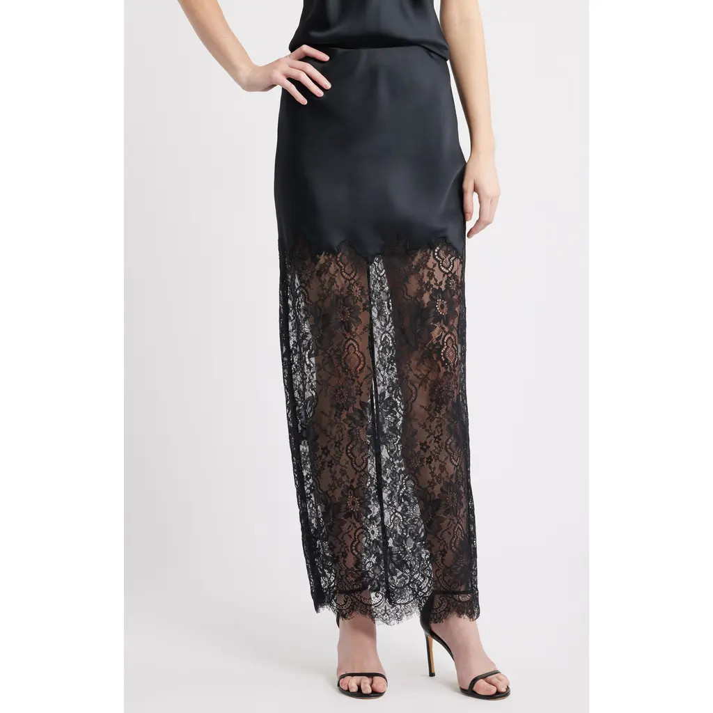 LoveShackFancy Ilene Satin & Lace Skirt in Black at Nordstrom, Size Small | Nordstrom