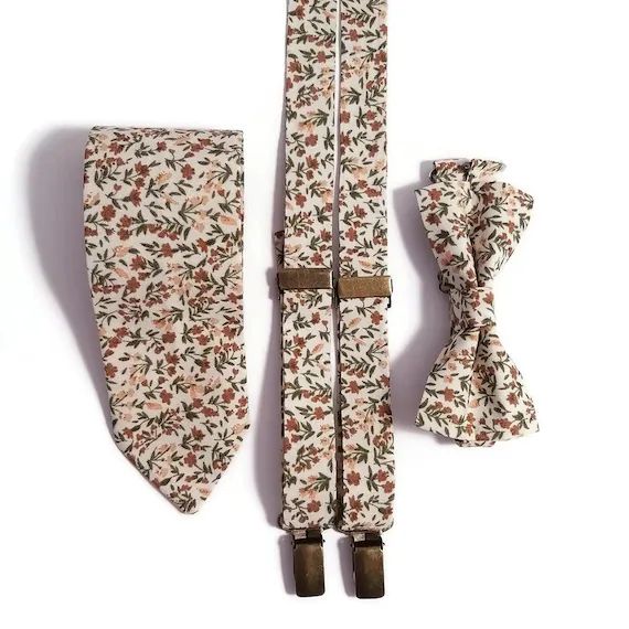 ECRU Floral BROWN Bow Tie Groom Necktie Groomsmen Suspenders - Etsy | Etsy (US)