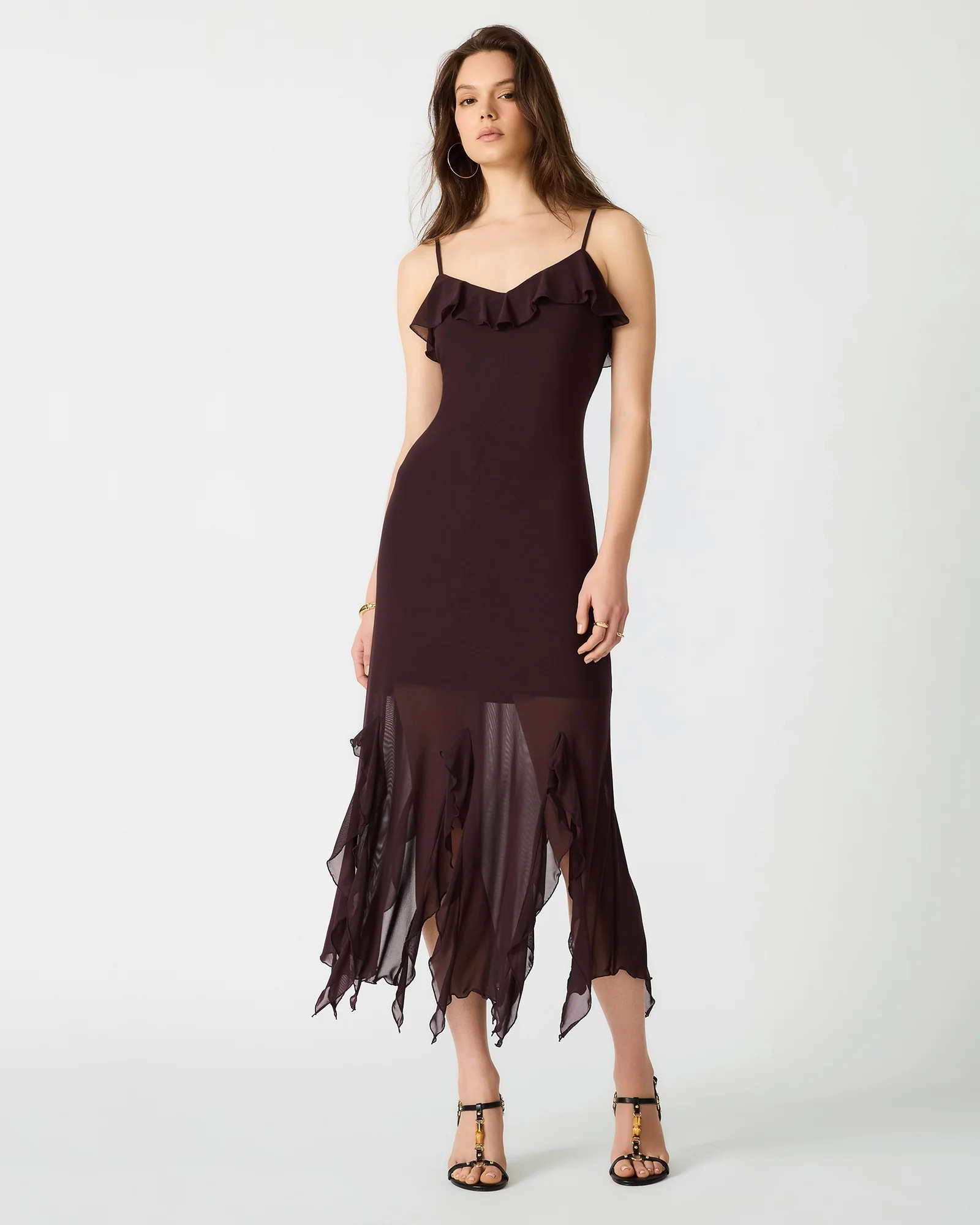 MARIANE Chocolate Sleeveless Ruffle Women's Midi Dress | Steve Madden (US)