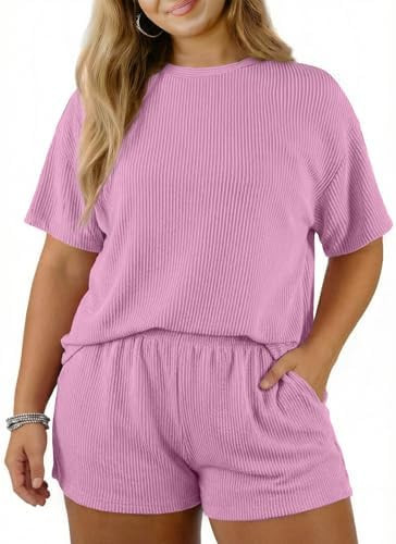 Eytino Plus Size Two Piece Sets for Women Short Sleeve Shirts High Waisted Shorts Pajamas Lounge ... | Amazon (US)