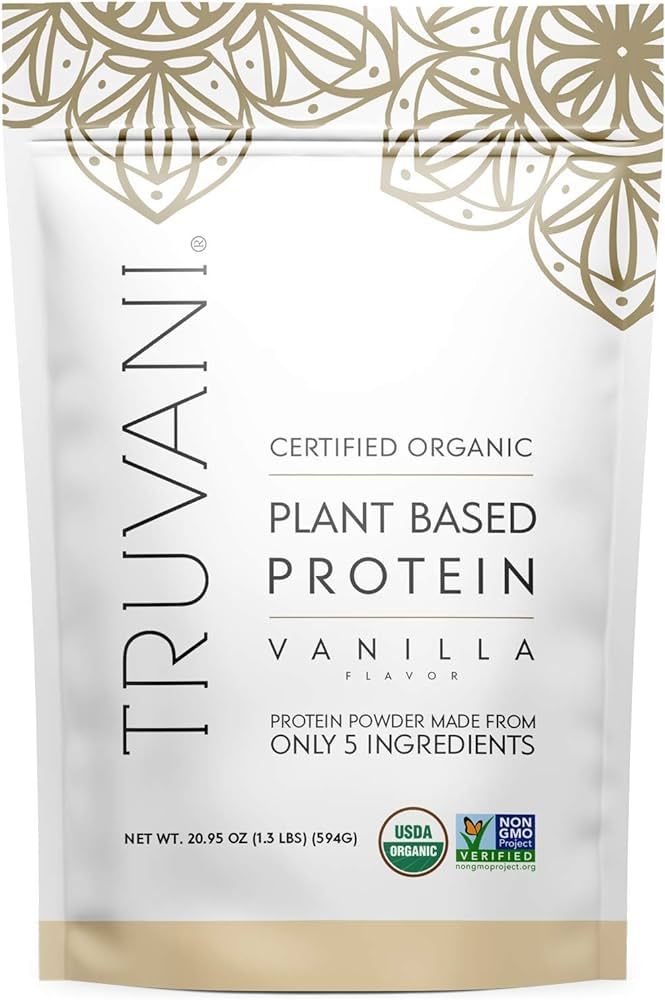 Truvani Organic Vegan Protein Powder, Organic Pea Protein Powder, Vegan, Non GMO, Gluten/Diary Free, Vanilla, 20.9oz (1pk, 20 Servings) | Amazon (US)