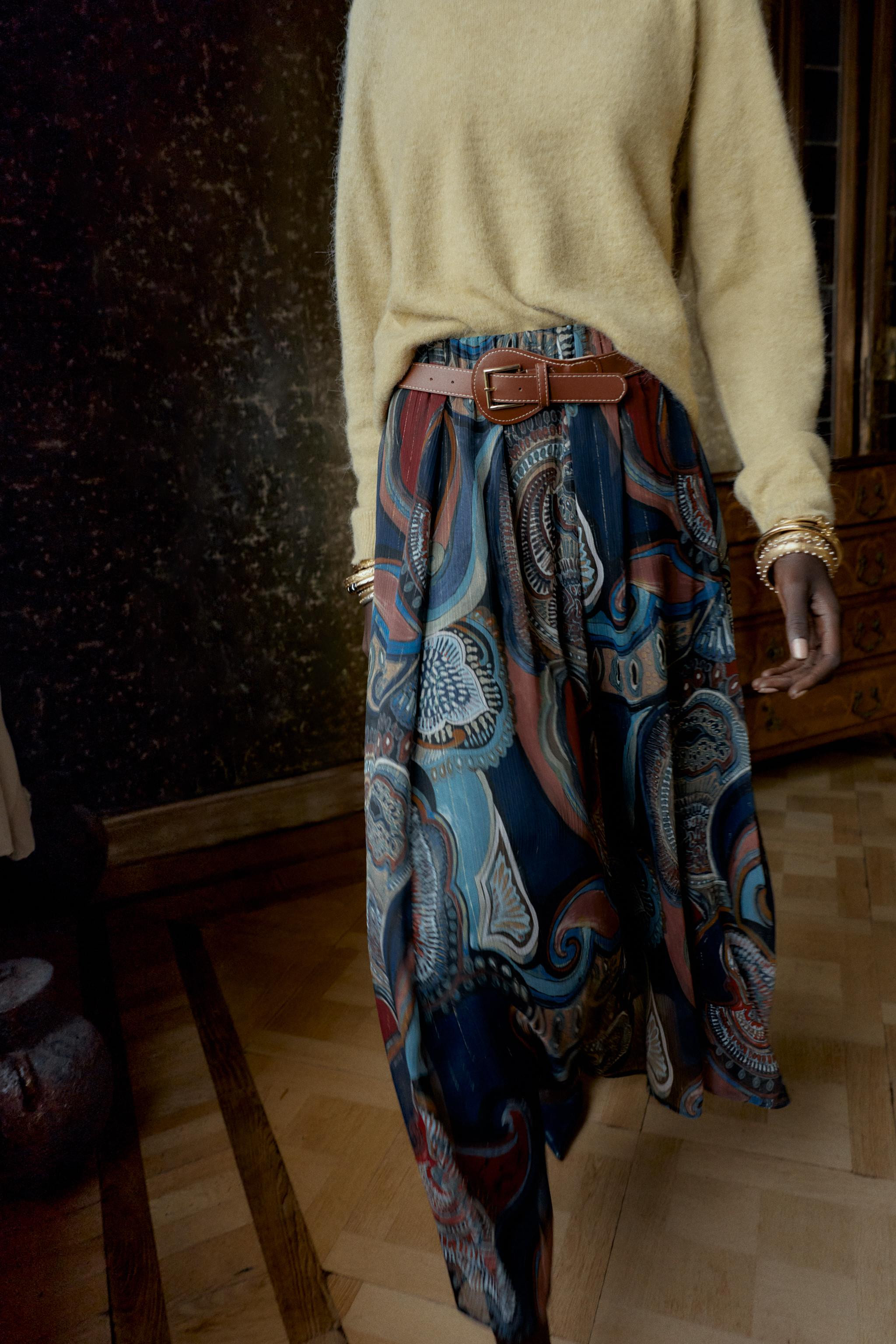 METALLIC THREAD PRINTED MIDI SKIRT WITH BELT | Zara US