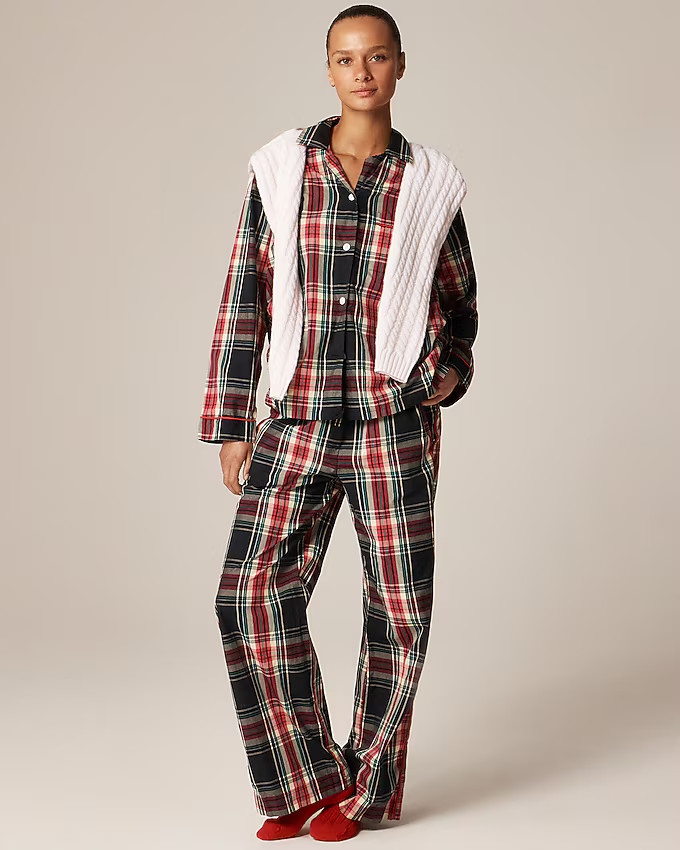 Cotton poplin long-sleeve pajama pant set in Stewart tartan | J. Crew US